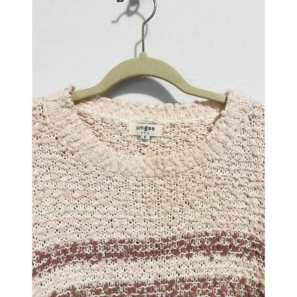 Umgee Sweater Womens Medium Pink Striped Textured Cropped Chunky Comfy Boho